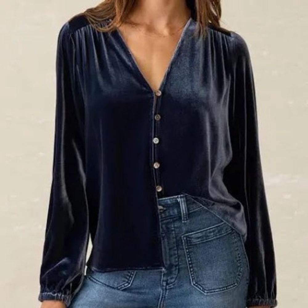 Faherty Navy Blue Rowan Silk Blend Velvet V-Neck Button Front Blouse Top Small
